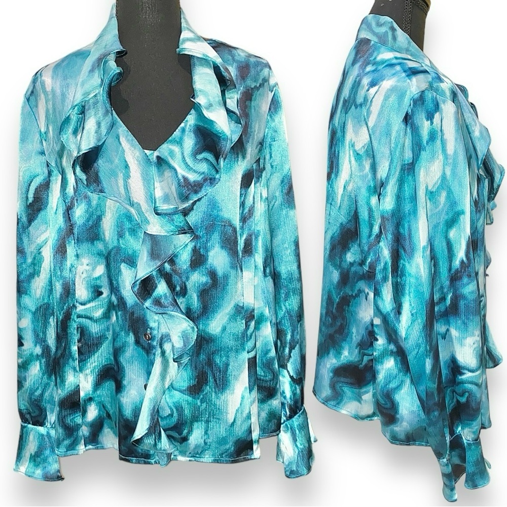 NWOT Marbled Blouse with Button Down Fancy Front Closure & Ruffled Neckline XL